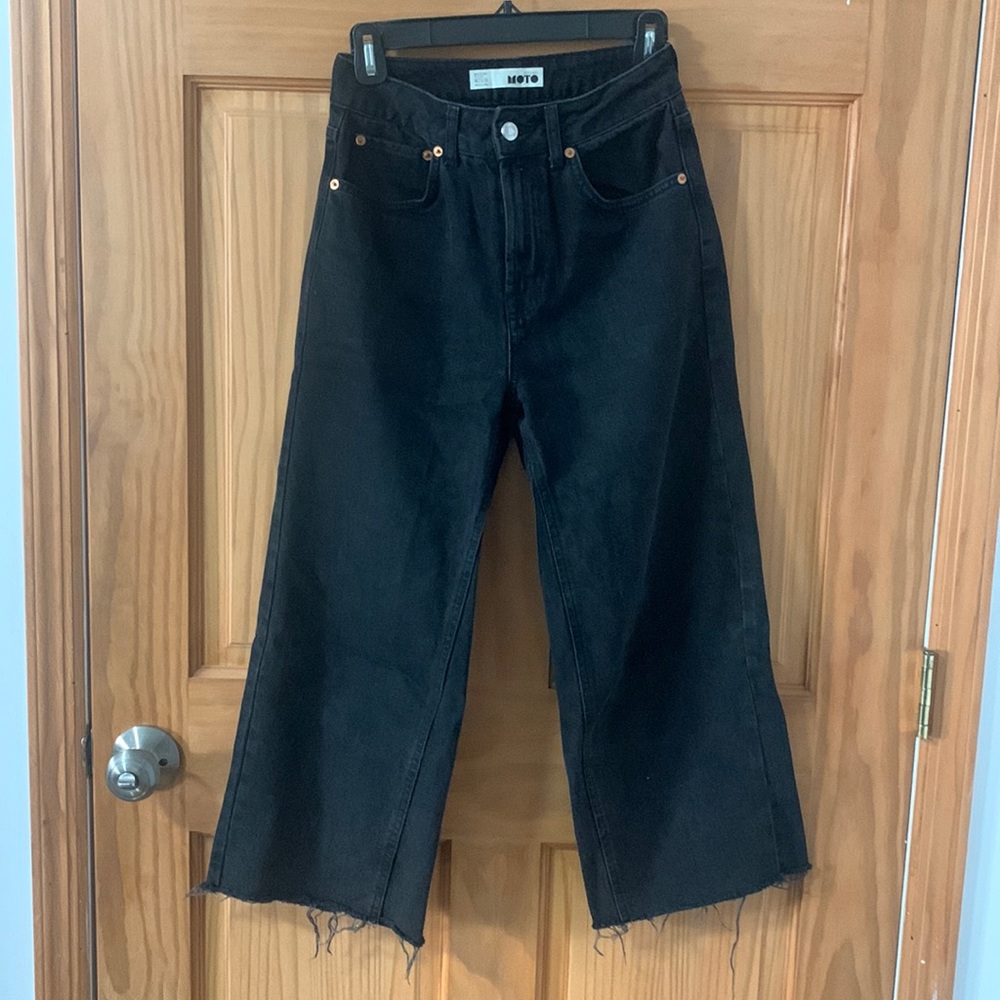 Topshop Black Cropped Wide Leg Jeans Frayed Waist 25 Length 30